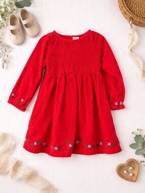 Hanna Andersson Red Corduroy Smocked Dress US 4 (100 cm) Embroidered Holiday